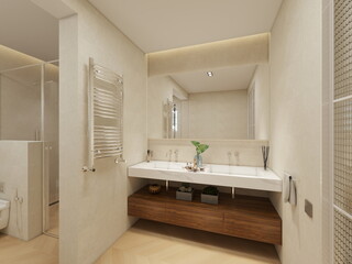 BAÑO MODERNO DE CASA DE LUJO CON PORCELANICO Y MUEBLES DE DISEÑO 