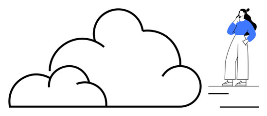 Woman standing beside a large cloud, flat design, thinking pose, blue sweater, white pants, conceptual themes. Ideal for brainstorming, cloud computing, creativity problem-solving innovation data