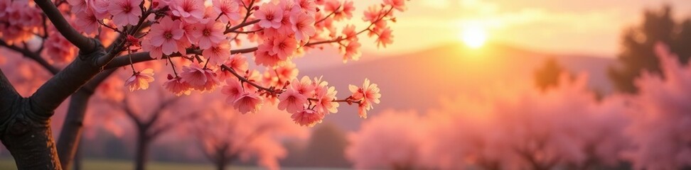 A delicate cherry blossom tree against a warm golden light backdrop, landscape, tree, soft focus