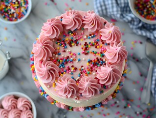 Sweet Celebration Cake: A beautifully decorated cake, adorned with pastel pink frosting swirls and a cascade of colorful sprinkles, sits enticingly on a marble surface.