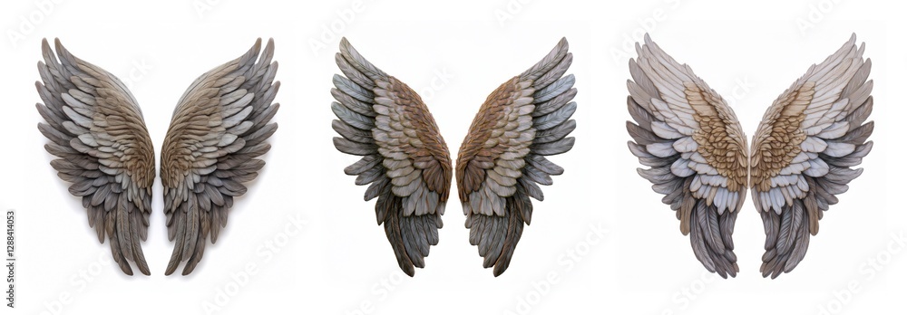 Poster isolated collection of three pairs of wings. detailed feather textures are visible, presented agains