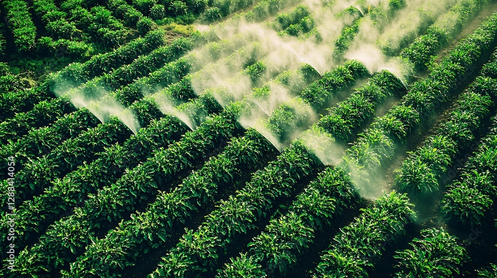 Poster a drone’s-eye view of a large farm with rows of different crops and a barn