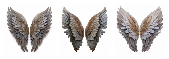 Isolated collection of three pairs of wings. Detailed feather textures are visible, presented against a plain white backdrop.