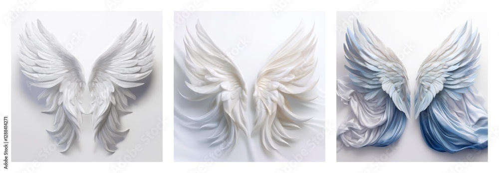 Poster Isolated collection of three distinct wing sets on white backgrounds. Each set of wings showcases unique feather details and styling.