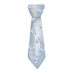 Watercolor illustration. Hand painted tie in grey color with blue stars. Men's necktie with knot. Formal, traditional, classical clothes. Isolated clip art on white background. Father's Day