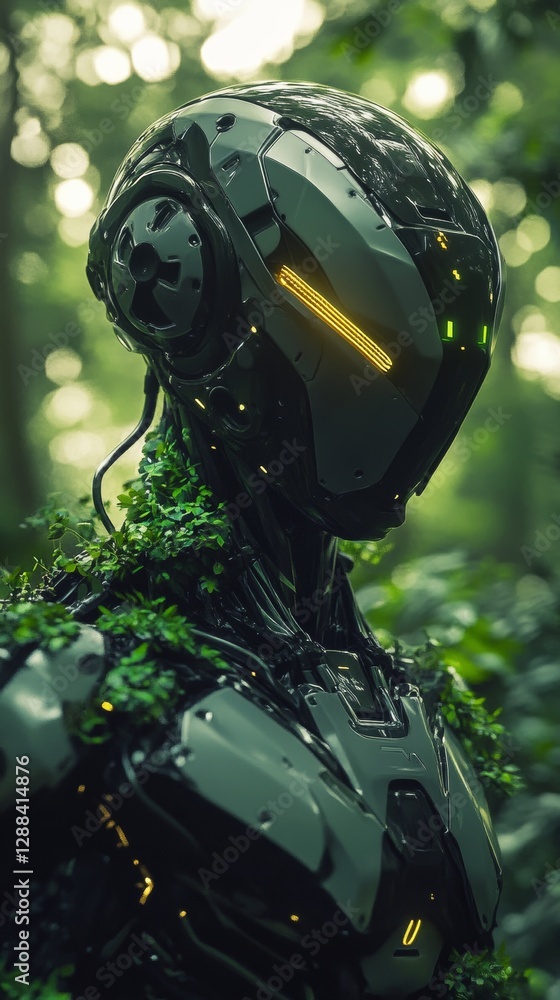 Poster high-tech robotic humanoid with glossy black armor surrounded by greenery in a forest setting. futur