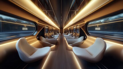 Fototapeta premium The modern interior of the train, with its clean lines and bright lighting, contrasts against the stillness of the vacant space.