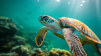 Obraz premium Sea turtle swims in the ocean, looking at the camera with sunlight rays filtering behind, wildlife