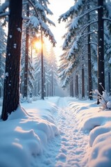 Blurred snowy woodscape, large snowdrifts, ethereal light, overlay, snowy
