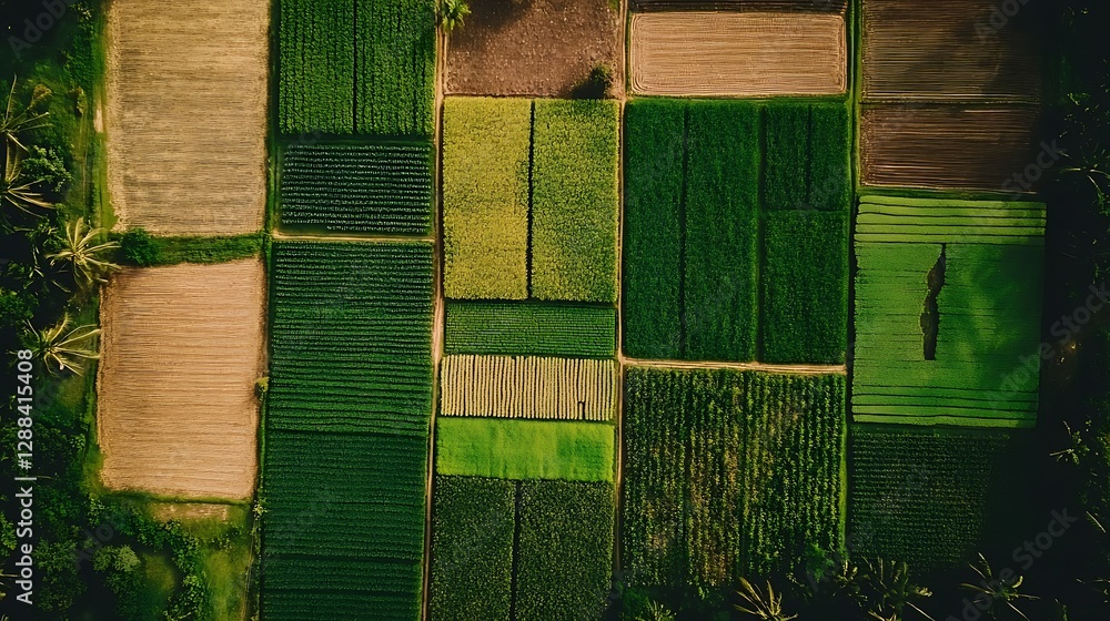 Poster a drone’s-eye view of a large farm with different crops growing in neatly arranged fields