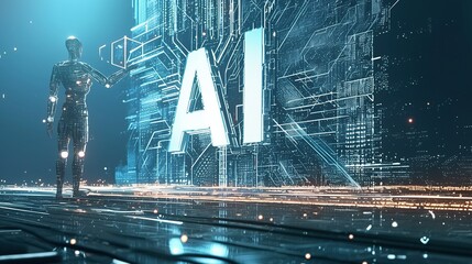 3D Rendering of Glowing "AI" Letters with Circuitry and Data Streams, Featuring a Holographic AI Robot Holding the Letter 'A' in a Futuristic Digital Landscape