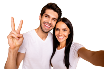 Hello beautiful world! Photo of two people taking selfies showing v-sign wear casual clothes isolated yellow color background