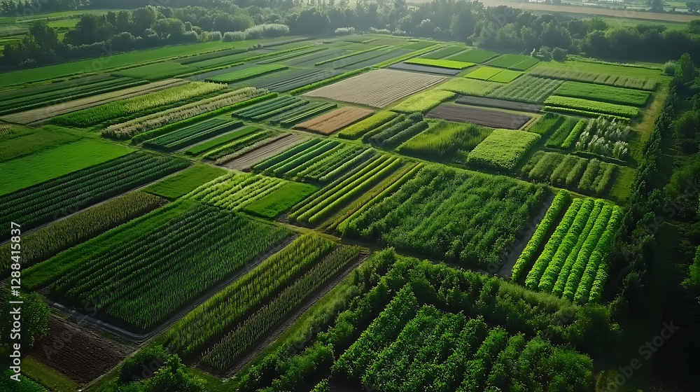 Poster a drone’s-eye view of a large farm with different crops growing in neatly arranged fields