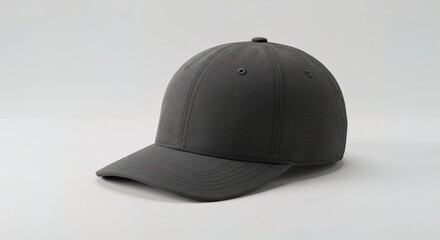 Fototapeta premium A dark gray baseball cap is displayed on a plain white background. Its a structured, sixpanel design with a curved brim.