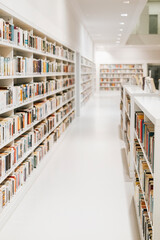Long white library bookshelves in perspective. Endless rows of bookshelves for readers to explore knowledge in modern library setting, ideal for concentration © svetlanais