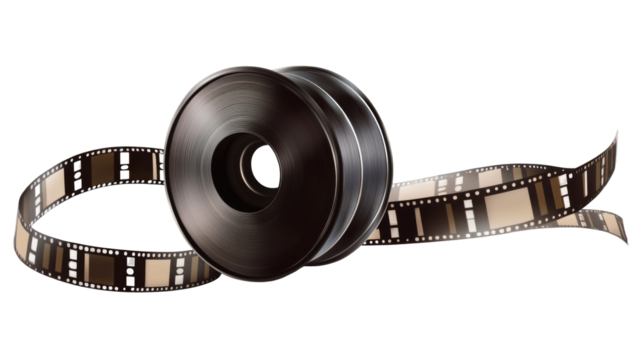Film reel on transparent background png format cinematic theme studio environment close-up view creative concept
