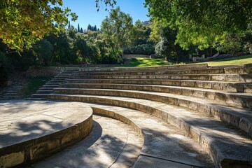 Open-air stone amphitheater bathing in sunlight in a lush park