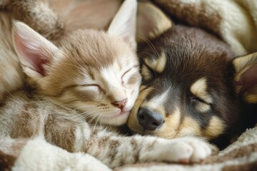 Obraz premium Kitten and puppy sleeping together under warm blanket