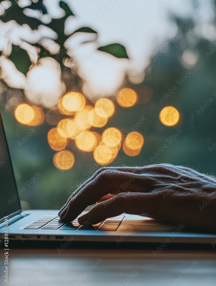 Aufkleber Warm Ambient Workplace Hand on Laptop with Bokeh Background - Corporate Security Content and Remote Office Design for Enhanced Digital Privacy and Efficient Workflow