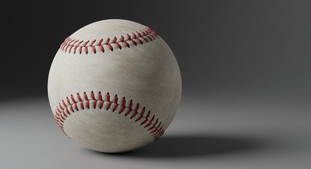 A weathered, off white baseball with red stitching rests on a gray surface. Its texture shows signs of age and use, a classic sporting image.