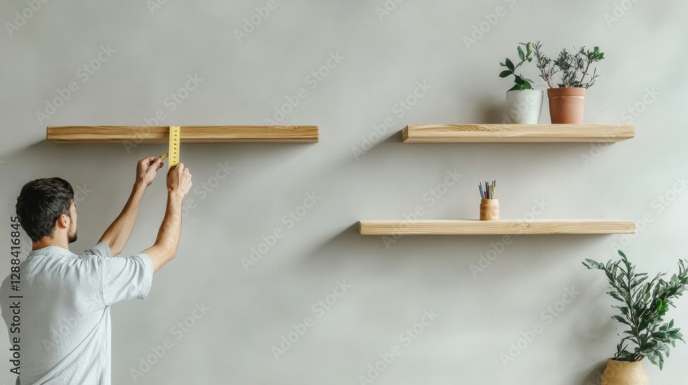 Aufkleber modern minimalist workspace korean man installing wooden floating shelves with precision tools - min