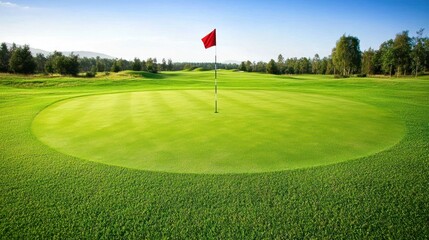 Obraz premium Beautifully manicured golf green with a flag in the hole