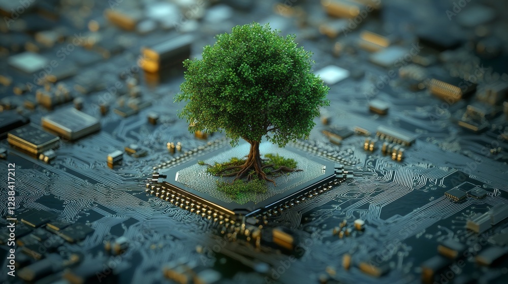Poster Tree growing on computer chip with intricate circuitry, symbolizing technology and nature unity. Environmental innovation and sustainable technology concept
