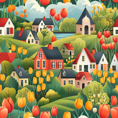 a spring drawing with a landscape. print with houses and flowers, tulips. Sweet village, vector, seamless pattern