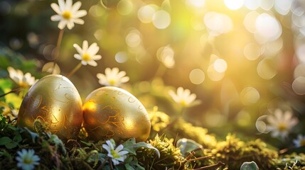 Golden Easter eggs glowing under soft sunlight on a bed of moss and flowers.