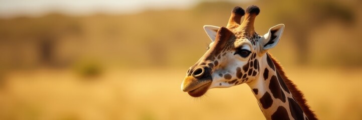 Obraz premium Curious giraffe head, blurred brown savanna background, wildlife, curious, safari