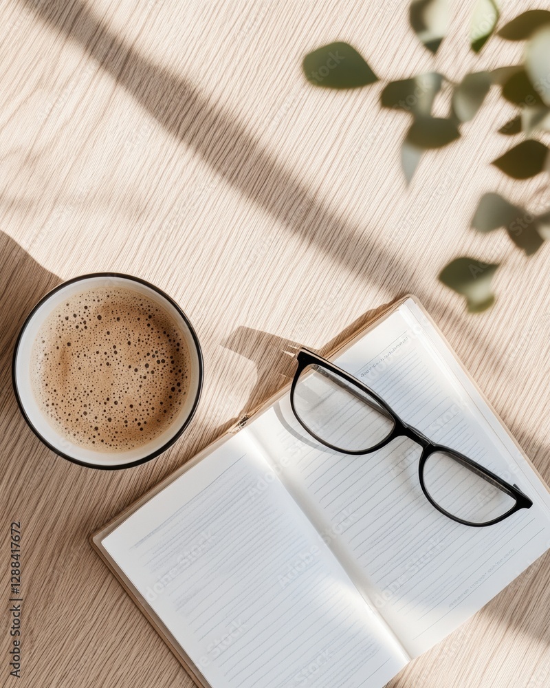 Aufkleber scandinavian workspace open book with glasses and coffee on oak desk - creative content for modern p