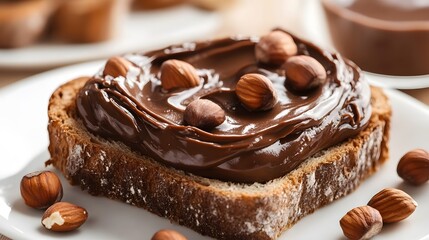 Indulgent Chocolate Hazelnut Cake with Creamy Topping and Crunchy Garnish   A decadent dessert treat featuring a rich fudgy chocolate cake layered with a smooth