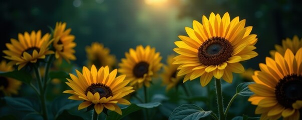Obraz premium Dark moody backdrop, vibrant sunflowers bloom , floral, nature, vibrant