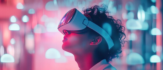 Immersive VR Experience Motion Blur of Curly-Haired Teen with LED-Enhanced Headset and Holographic Travel Icons in Futuristic Interior for Smart Tech Marketing