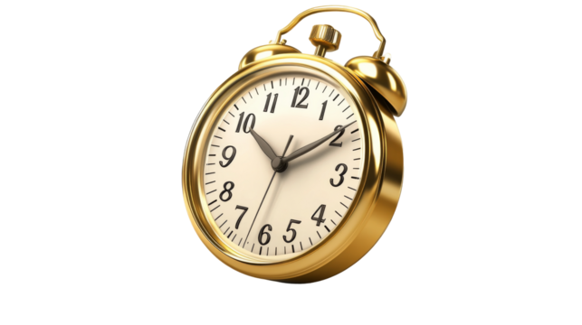 Vintage gold alarm clock png with transparent background digital timepiece on white highlighting clarity and timeliness