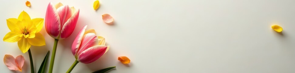 Fototapeta premium Delicate tulips & daffodils bloom on soft textured paper , fresh, detail