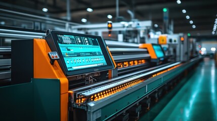 Naklejka premium Automated industrial production line with digital control panel.