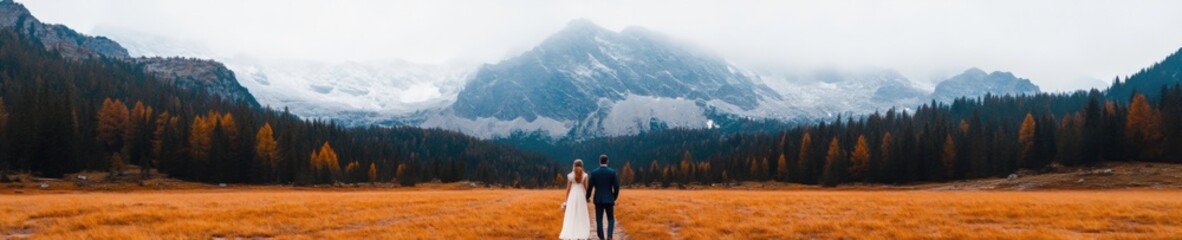 Obraz premium Whimsical Outdoor Wedding Couple Dancing in Meadow with Mountain Backdrop - Capturing Adventurous Love Stories for Destination Celebrations and Event Planners