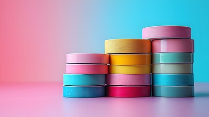 Overhead view of a stack of vibrant multicolored washi tapes arranged in a minimalist geometric pattern 