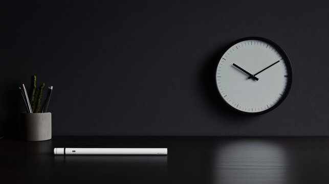 Vaping device on a dark wood desk next to a minimalist clock. Featuring simplicity and modernity
