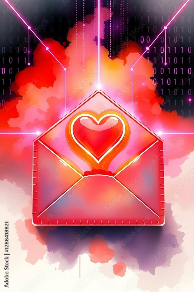 Poster a red heart envelope glows amidst digital binary code and abstract light streaks, symbolizing love i