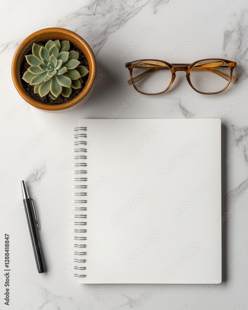 Poster Minimalist Work Essentials Blank Notepad with Pen on Marble Surface - Office Organization for Modern Professionals and Digital Content Creators in Clean Workspace Design