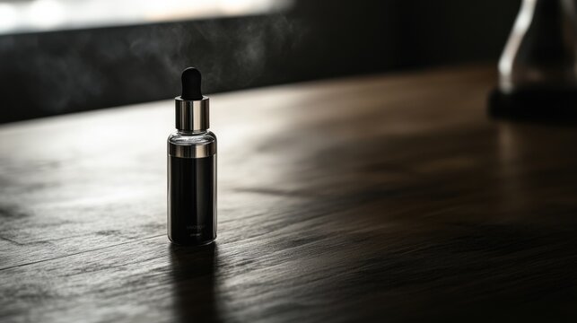 Vaping device on a dark wood desk with a sleek glass bottle. Featuring modern simplicity and elegance