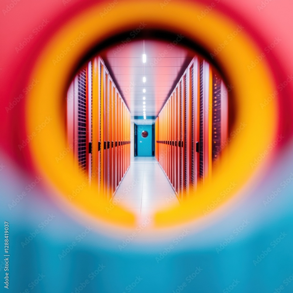 Aufkleber Vibrant Neon Corridor in Modern Data Center Repeating Light Patterns and Server Racks for Advanced Computing Power in Tech and Business Innovation