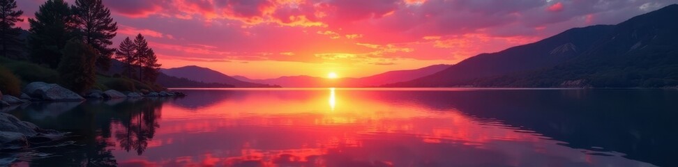 Naklejka premium Fiery orange and pink sunset reflecting on calm lake water, day, water reflection, evening