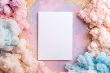 Blank white invivtaion card mockup for Mermaid party. In pastel colors and ocean decorations.