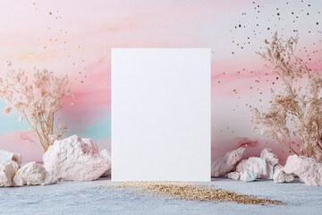 Blank white invivtaion card mockup for Mermaid party. In pastel colors and ocean decorations.