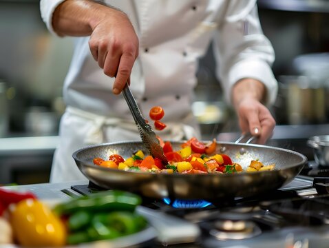Culinary Creation: A skilled chef meticulously stirs colorful vegetables in a pan on a gas stove, highlighting the art of cooking and the vibrant ingredients.