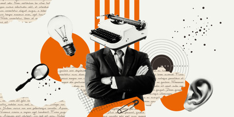 Halftone banner with a human image, a typewriter, and torn paper. Fashionable elements of zine dadaizm for creating collages. Vector retro art.