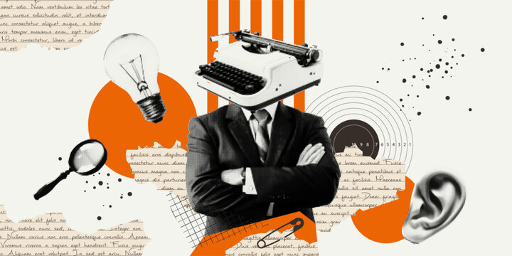 Halftone banner with a human image, a typewriter, and torn paper. Fashionable elements of zine dadaizm for creating collages. Vector retro art.